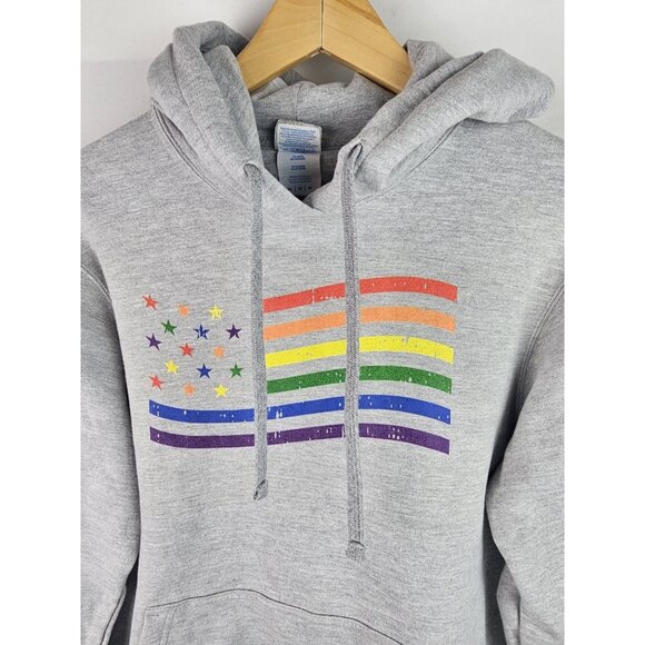 Rainbow American Flag Hoodie Sweatshirt Adult Size Medium Gray Pride LGBTQ Shirt - Picture 3 of 11